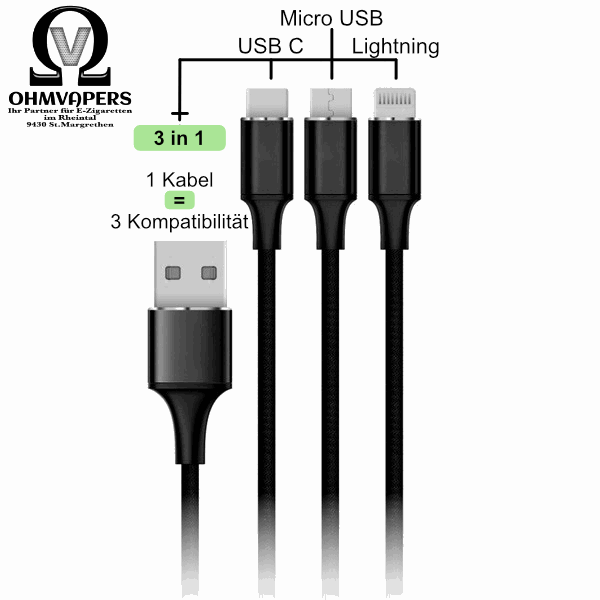 3in1 Ladekabel - USB-C, Micro USB und Lightning